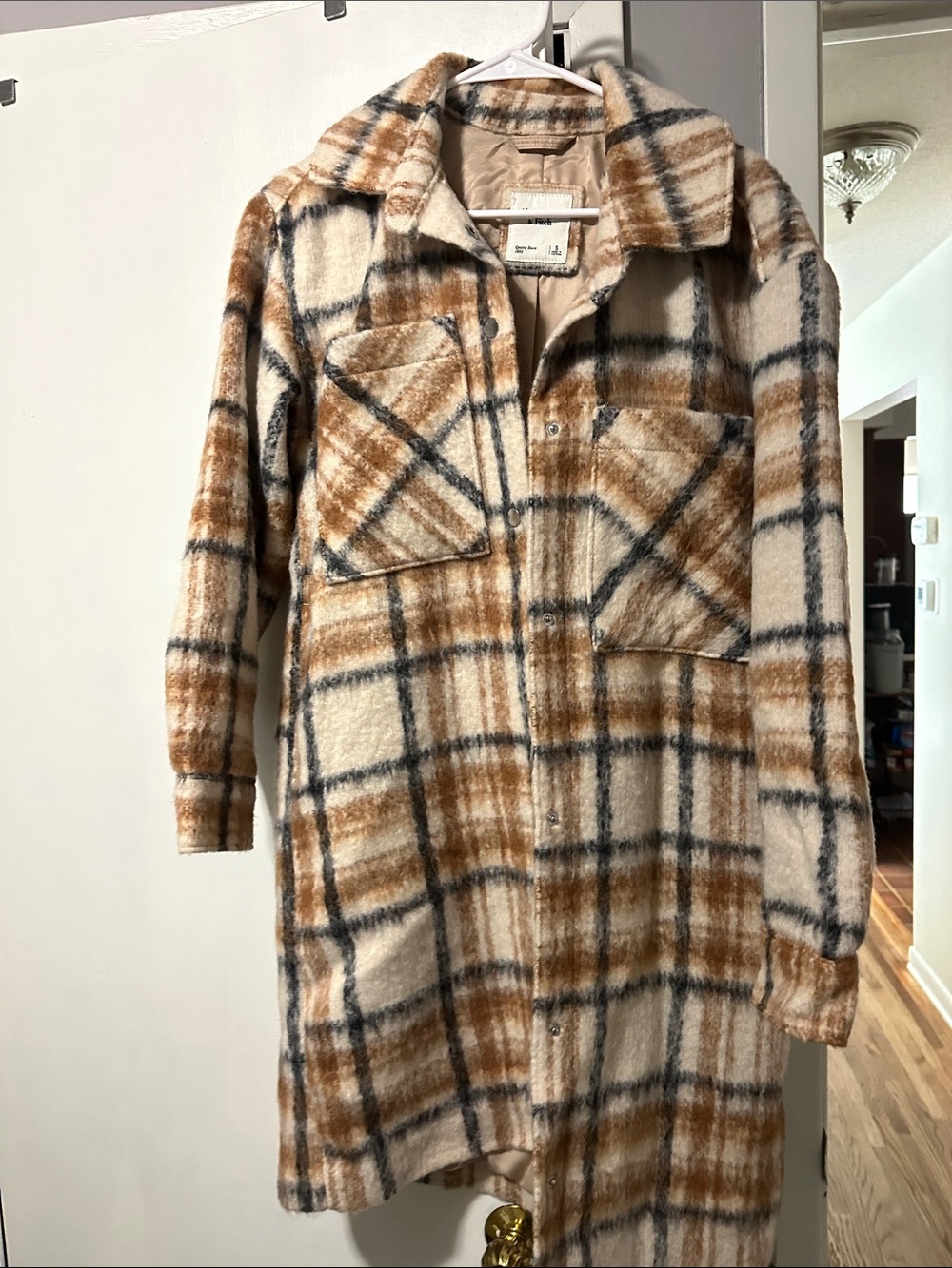 Abercrombie & Fitch Plaid Shacket in Cream, Brown and Black